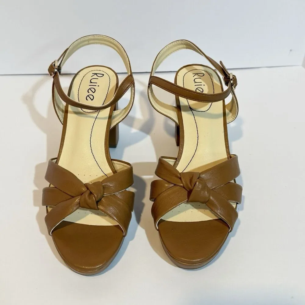Ruiee Women's Platform Heels Chunky Sandals Ankle Strappy Brown Size 9.5 New